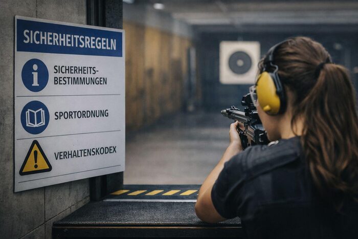 Schießstand mit Sicherheitsregeln und Schützin-1